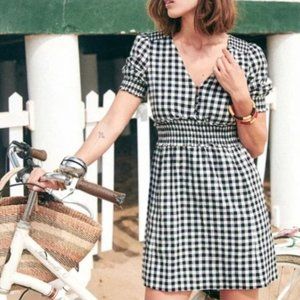 Sezane Sixtine Dress, Vichy Black White Gingham Smocked Mini 40 (size 8)